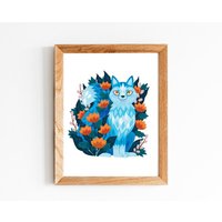 Blauer Wolf in Blumen 24x30, Wandkunst, Tierkunst, Illustration, Kunstwerk, Wanddekor, Wolf, Canine, Einfaches Grafik Design von michiscribbles