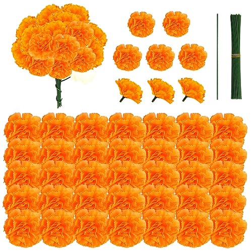 mifengda 50 Stück künstliche Ringelblumen-Blumen, mexikanische Ringelblumen, Seide, Ringelblumen, Köpfe, Orange, Dekoration, künstliche Ringelblumen, Großpackung mit Draht für mexikanische Party, von mifengda