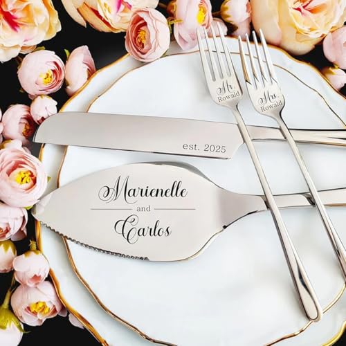 miguha Personalisiertes Hochzeitstorten-Schneideset, Personalisiertes Geburtstagstortengabeln Edelstahl-Spachtel-Set Geschenk, Jubiläums-Verlobungsdekor von miguha