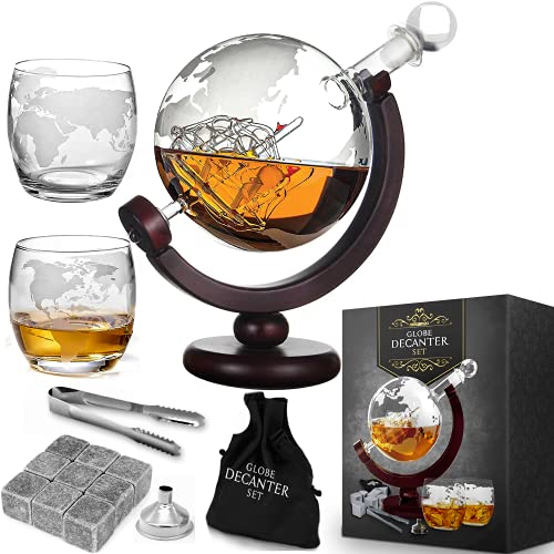 MikaMax Whiskey Karaffe Globus Set – Whisky Globe Decanter Set, Inklusive Whisky Gläser und Whisky Steine – Whiskey Geschenkset, Geschenke für Männer von mikamax