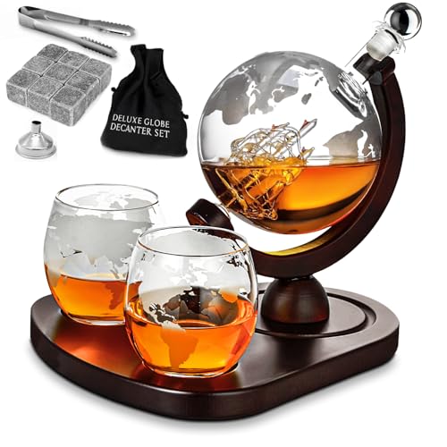 MikaMax - Globe Decanter Deluxe Set - Globus Dekanter – Whisky Karaffe – Inklusive 2 Whisky Globus Gläser – 900 ML – Transparent – Glas Dekanter Set von mikamax