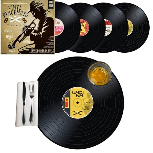 mikamax – Vinyl Platzsets – Runde Schallplatten Platzsets – Tischdekoration – 3 mm Dick Retro Set aus 4 – Nostalgische Schallplatten – Schwarz – Robuster und Langlebiger Tischschutz von mikamax