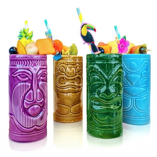 mikamax Tiki Becher, Mugs 4er Set Keramik Cocktailbecher Cocktailgläser Bar Zubehör Partydekoration –14cm x 6,5 Cocktail Party 04070 Blue, Green, Orange, Purple von mikamax