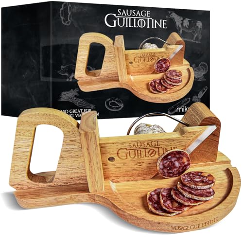 mikamax, Wurstschneider Guillotine für Zuhause, schnelle und gleichmäßige Wurstscheiben, scharfe Messer, aus massivem Holz, Holzfarbe, Guillotine, Currywurstschneider von mikamax
