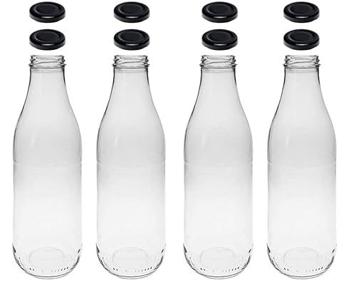 4 Glasflaschen 1000 ml mit 8 Deckeln Schwarz inkl. Etiketten von mikken