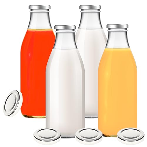 4 Glasflaschen 1000 ml mit 8 Deckeln silber inkl. Etiketten von mikken