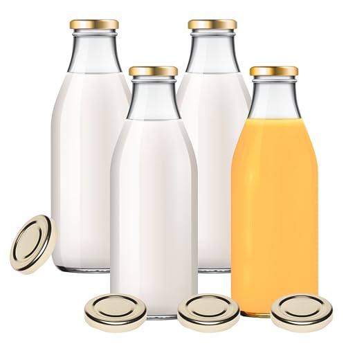 4 Glasflaschen 1000ml Saftflaschen Milchflaschen mit 8 Deckeln gold inkl. Etiketten von mikken