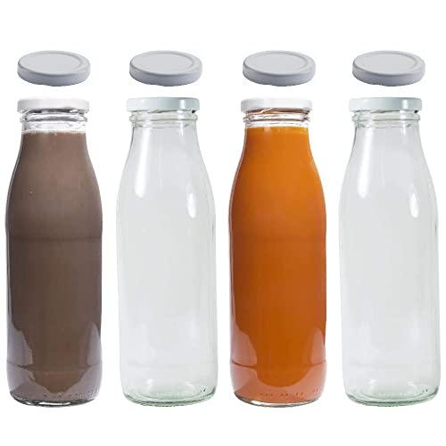 4 Glasflaschen 500 ml Saftflaschen Milchflaschen mit 8 Deckeln farbe Weiß inkl. Etiketten von mikken