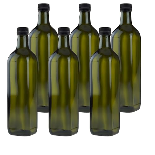 6x Ölflasche 750 ml mit Ausgiesser grün/braune Ölspender Glasflasche mit Dosierer und Etiketten von mikken