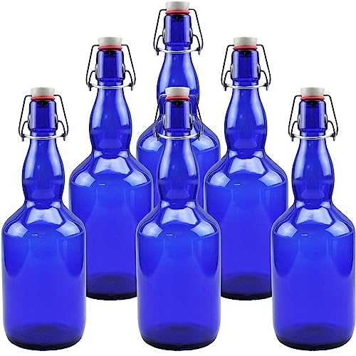 6x blaue Glasflasche 0,75 Liter mit Bügelverschluss aus Porzellan, inkl Beschirftungsetiketten von mikken