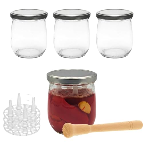 Fermentieren Starter Set 4 Fermentiergläser a 415 ml/Deckel PVC frei, 4 Fermentiergitter, 1 Stampfer, 4 Etiketten von mikken