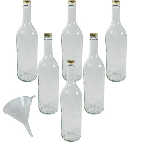 Viva Haushaltswaren - 6 x Glasflasche 750 ml mit goldfarbenem Schraubverschluss, Flasche zum Befüllen als Weinflasche, Likörflasche, Schnapsflasche etc. verwendbar (inkl. Trichter Ø 9 cm) von mikken