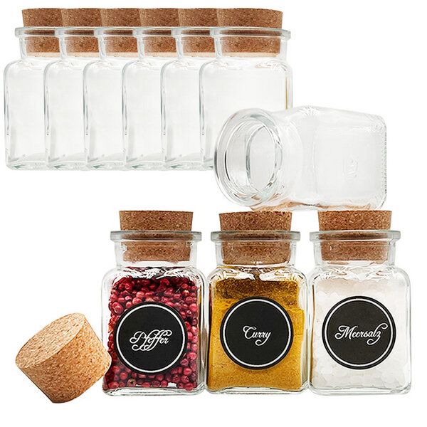 mikken 10 Gewürzgläser eckig 150 ml mit Gewürzetiketten - Gewürzdosen aus Glas von mikken