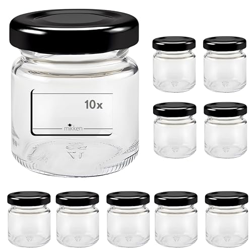 mikken 10 kleine Einmachgläser 53ml Marmeladengläser mit Deckel schwarz inkl. Etiketten von mikken