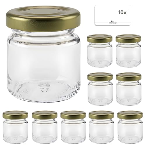 mikken 10 x Mini Marmeladenglas Einmachglas 53ml mit Deckel gold inkl. Etiketten von mikken