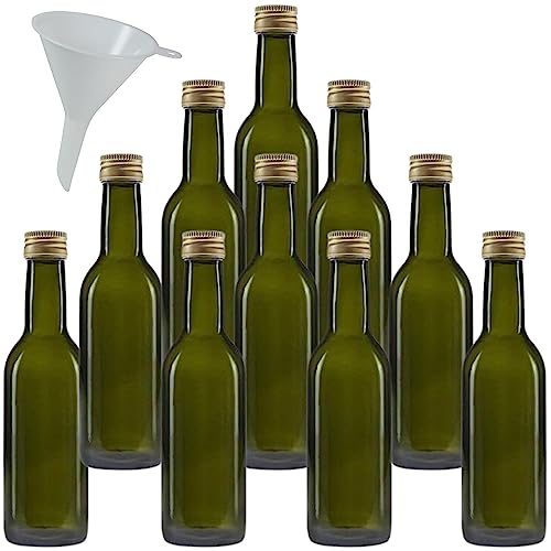 10 x grüne Glasflasche 250 ml, Ölflasche mit Schraubverschluss inkl Trichter von mikken