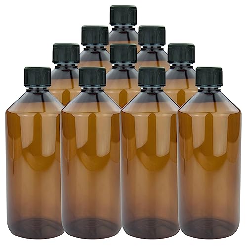mikken 10x Braune Laborflasche 1000 ml Kunststoff Flaschen für e-Liquid, Chemikalien, etc. + Etikett von mikken
