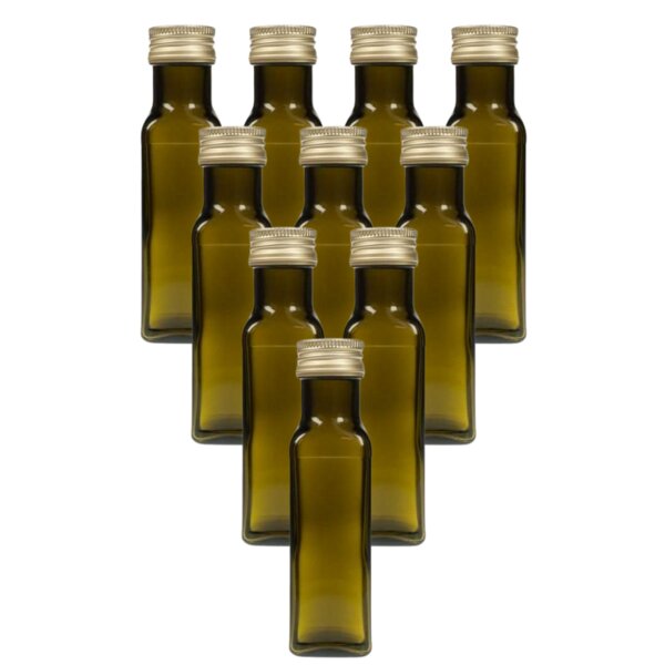 mikken 10x leere Glasflasche 100 ml / 250 ml braun-grün eckig mit Schraubdeckel und Etiketten von mikken
