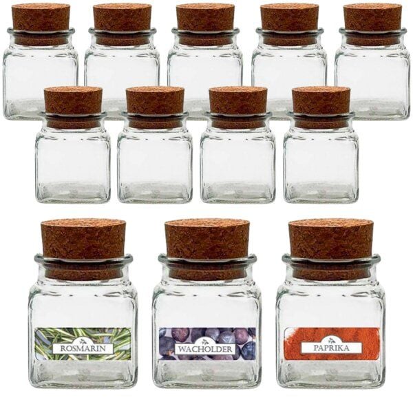 mikken 12 Gewürzgläser eckig 120 ml Korkengläser mit Gewürzetiketten - Gewürzdosen aus Glas von mikken