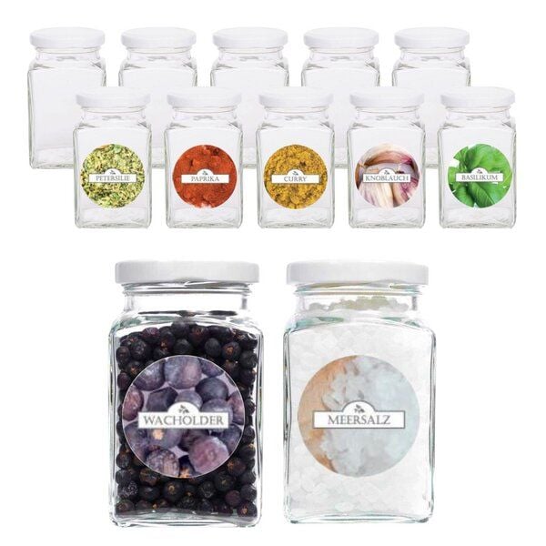 mikken 12er Set Gewürzgläser 260 ml mit Blueseal Deckel und Gewürzetiketten von mikken