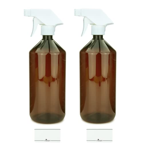 mikken 2 Sprühflaschen 1000 ml Kunststoff PET braun Wassersprüher, Sprayflasche für Reinigungsmittel, Pflanzen, etc von mikken