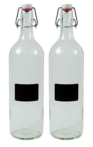 mikken 2 x Leere Glasflasche 1000 ml mit Bügelverschluss aus Porzellan zum selber befüllen, inkl 2 Beschriftungsetiketten von mikken
