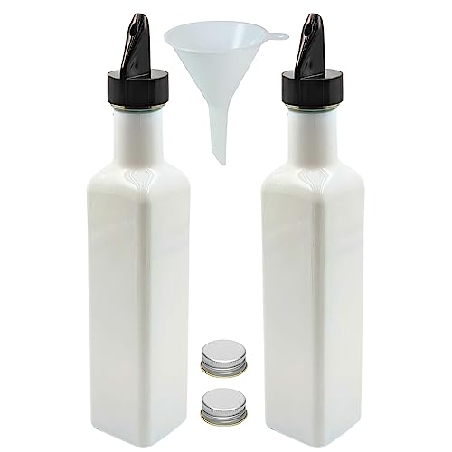 mikken 2 x Ölflasche 250ml Essig und Öl Set Weiß Glasflaschen mit Dosier-Aussgießer Deckel + Trichter von mikken