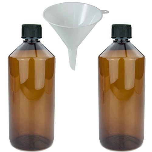 mikken 2 x braune Laborflasche 1000 ml aus Kunststoff (PET), Apothekerflasche, Veralflasche inkl. Einfülltrichter von mikken