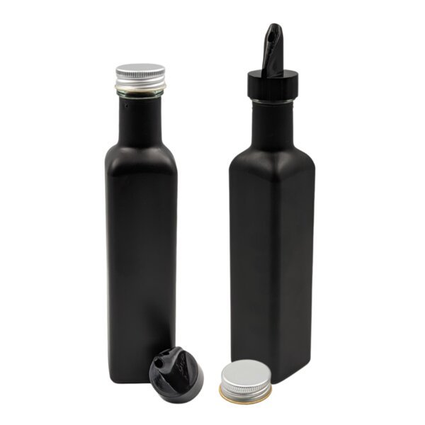 mikken 2er Set Ölflasche / Essigflasche 250 ml (schwarz/weiß beschichtet) mit Ausgießer Glasflaschen matt schwarz / glänzend weiss mit Dosierer + Schraubdeckel + 2 Etiketten von mikken