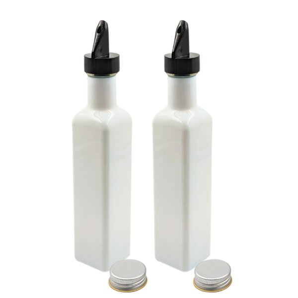 mikken 2er Set Ölflasche / Essigflasche 250 ml (schwarz/weiß beschichtet) mit Ausgießer Glasflaschen matt schwarz / glänzend weiss mit Dosierer + Schraubdeckel + 2 Etiketten von mikken