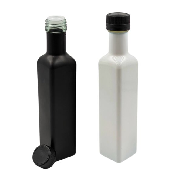 mikken 2er Set Ölflasche mit Ausgießer 250 ml Glasflaschen matt schwarz / glänzend weiss inkl. 2 Etiketten von mikken