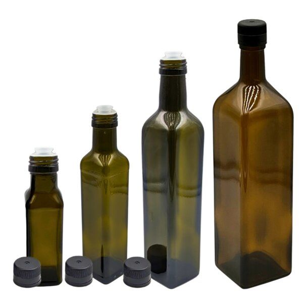 mikken 2er Set Ölflaschen 100 ml - 1000 ml mit Ausgießer braune / grüne Glasflasche mit Dosierer Dosierflasche inkl. 2 Etiketten von mikken