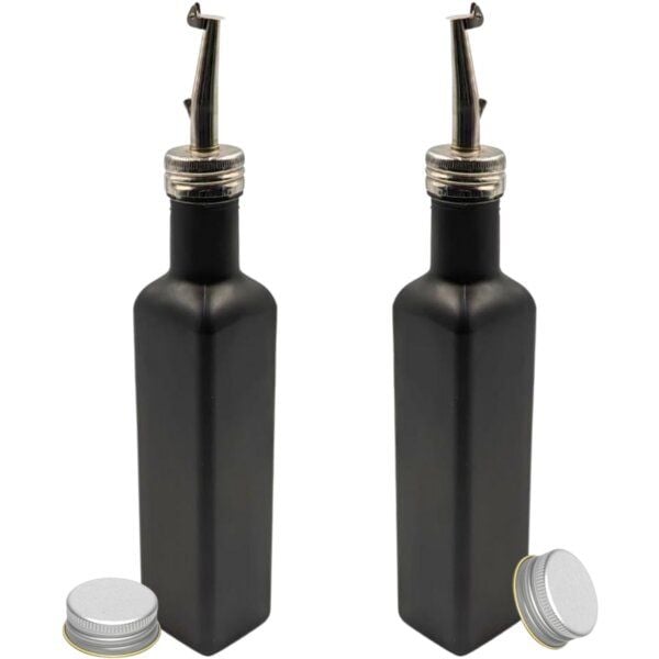 mikken 2x Ölflasche 250 ml (matt schwarz/weiß beschichtet) Dosierflasche mit Ausgießer + Schraubdeckel + 2 Etiketten von mikken