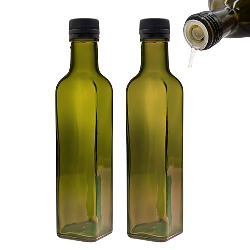 mikken 2x Ölflasche 250ml mit Ausgiesser grün/braune Glasflaschen Ölspender inkl. Etiketten von mikken