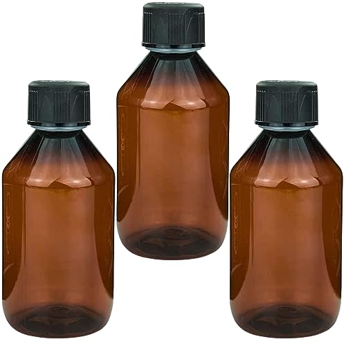 mikken 3 Braune Laborflaschen 250 ml Kunststoff Flaschen für e-Liquid, Chemikalien, etc. + Etiketten von mikken