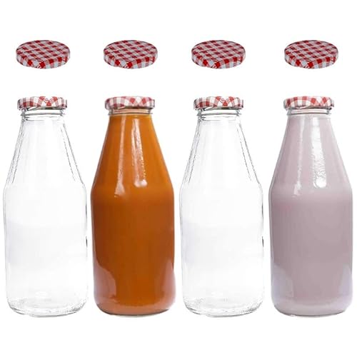 mikken 4 x Glasflasche 500 ml Saftflaschen mit Deckel rot kariert + 4 Ersatzdeckel und 4 Etiketten von mikken