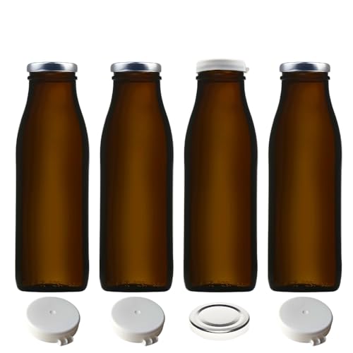 mikken 4 x Glasflasche 500 ml braun Milchflasche mit 4x Schraubdeckel und 4 Frischhaltedeckeln inkl. Etiketten von mikken