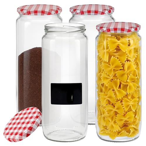 mikken 4er Set Vorratsglas 1,1 Liter mit Schraubverschluss, Einmachglas, Glasdose inkl. Beschriftungsetiketten von mikken