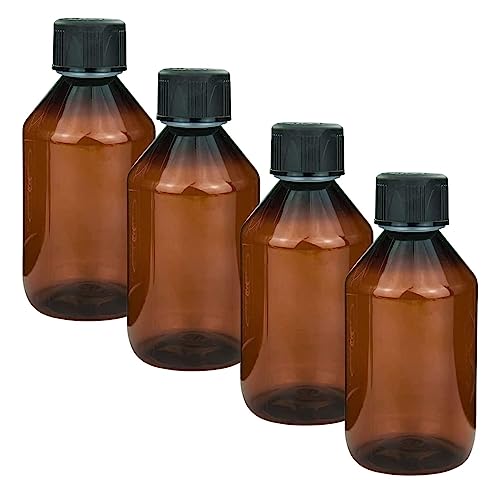 mikken 4x Braune Laborflasche 250 ml Kunststoff Flaschen für e-Liquid, Chemikalien, etc. + Etikett von mikken