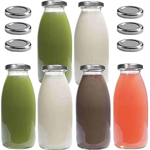 mikken 6 x Glasflasche 250 ml Flasche mit Deckel silber + 6 Ersatzdeckel und 6 Etiketten von mikken