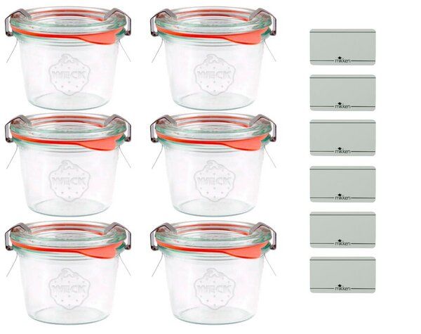 mikken 6er Set Weck Sturzgläser 80 / 140 / 160 / 290 / 370 / 580 / 850 ml Glas mit Etiketten von mikken