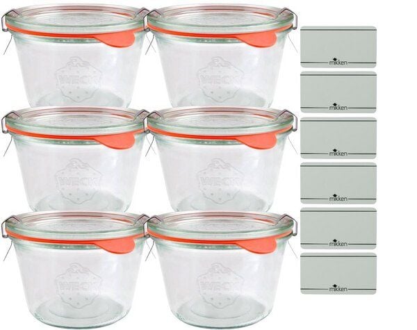 mikken 6er Set Weck Sturzgläser 80 / 140 / 160 / 290 / 370 / 580 / 850 ml Glas mit Etiketten von mikken