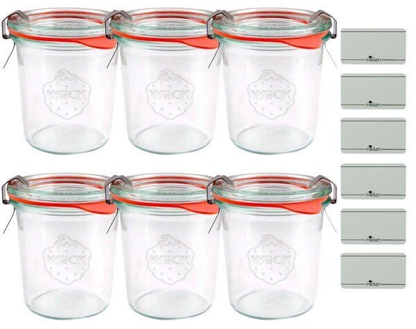 mikken 6er Set Weck Sturzgläser 80 / 140 / 160 / 290 / 370 / 580 / 850 ml Glas mit Etiketten von mikken
