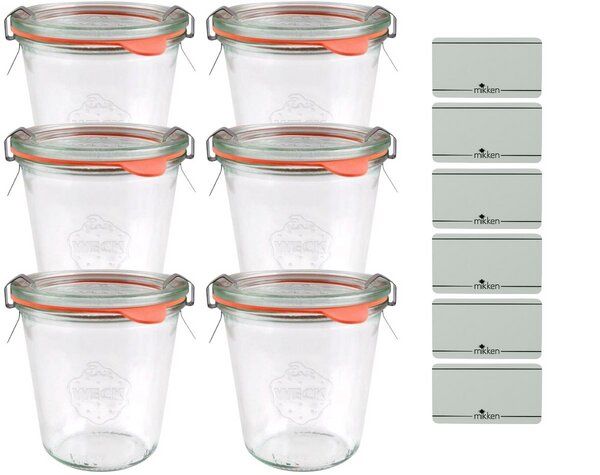 mikken 6er Set Weck Sturzgläser 80 / 140 / 160 / 290 / 370 / 580 / 850 ml Glas mit Etiketten von mikken