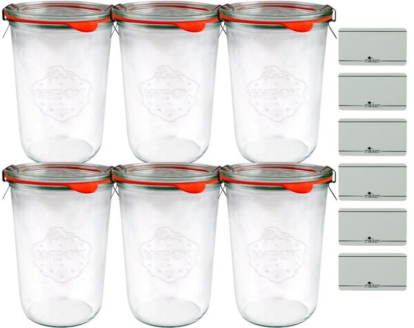 mikken 6er Set Weck Sturzgläser 80 / 140 / 160 / 290 / 370 / 580 / 850 ml Glas mit Etiketten von mikken