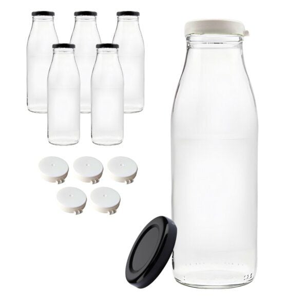 mikken 6x Milchflasche 500 ml Glasflasche mit Deckel + Frischhaltedeckel und Etiketten von mikken
