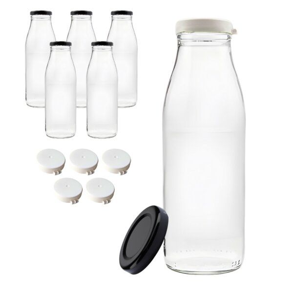 mikken 6x Milchflasche 500 ml Glasflasche mit Deckel + Frischhaltedeckel und Etiketten von mikken