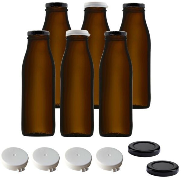 mikken 6x Milchflasche braun 500 ml Glasflasche mit Deckel + Frischhaltedeckel und Etiketten von mikken