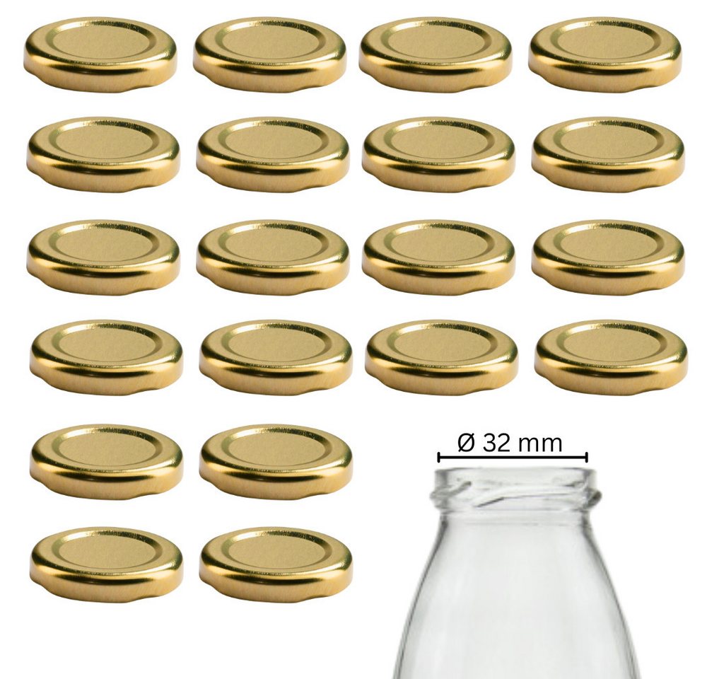 mikken Deckel 20 Schraubdeckel TO43 Ersatzdeckel Twist-Off 4,5 cm für Glasflaschen, (20er Set Ersatzdeckel, Twist-Off), Farbe: Gold, passend für Gläser mit einer Öffnung von 32 mm von mikken