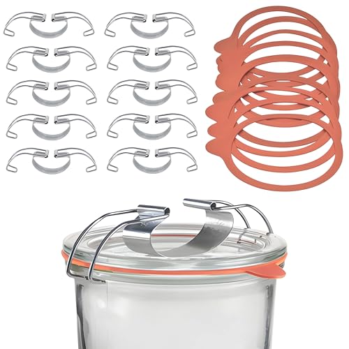 mikken Einmach-Set 10 Weckringe 94x108 mm Gummiringe für Weckgläser 10 cm und 10 Grosse Metallklammern von mikken